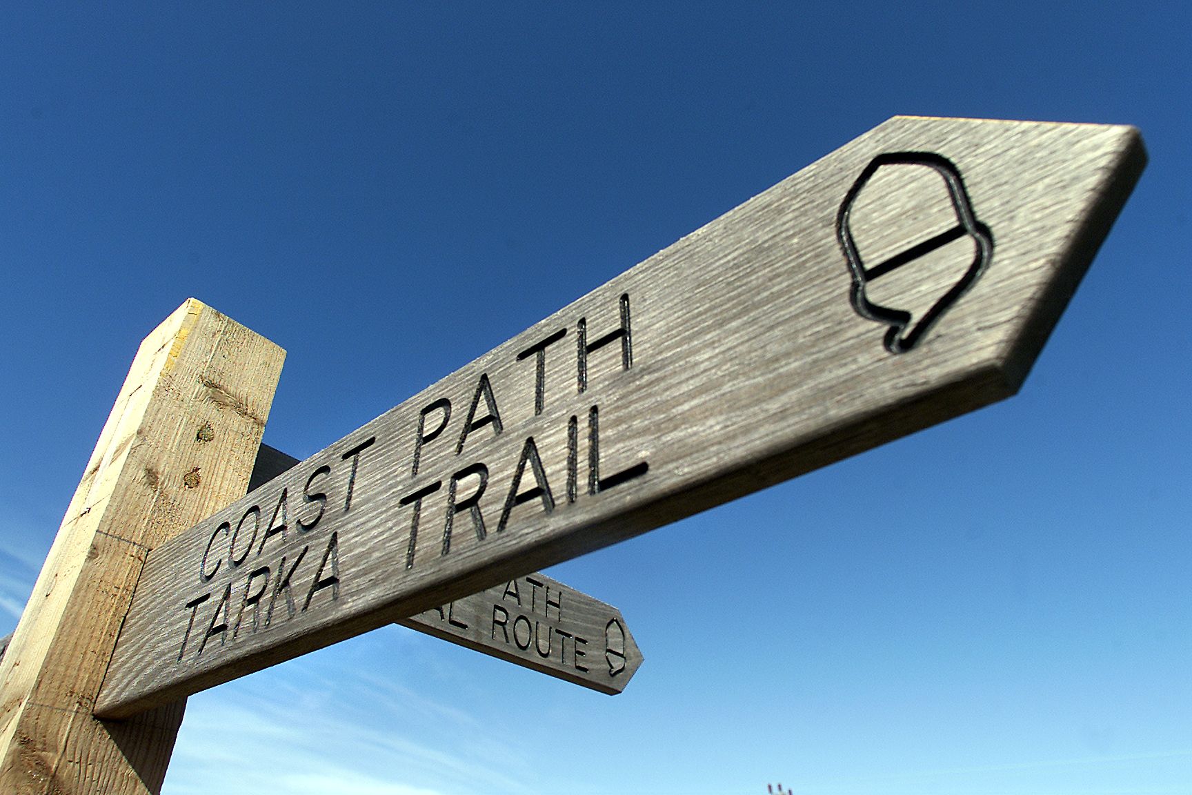 Photo of the top of a waymarking post for the Coast Path and Tarka Trail