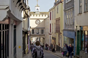 Photo looking down Totnes high street to the clock