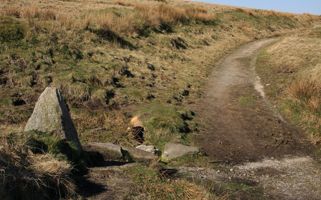 Photo of the Two Moors Way path across moorland with a granite way marker in the foreground