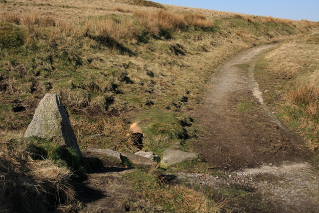 Photo of the Two Moors Way path across moorland with a granite way marker in the foreground