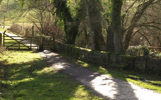 Photo of a quiet lane alongside a stone wall to a footpath gate