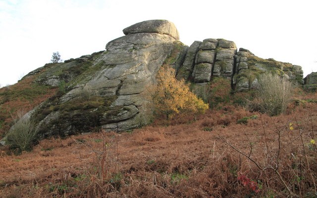 Photo looking up at the granite rocks off Blackingtone Rock on Dartmoor