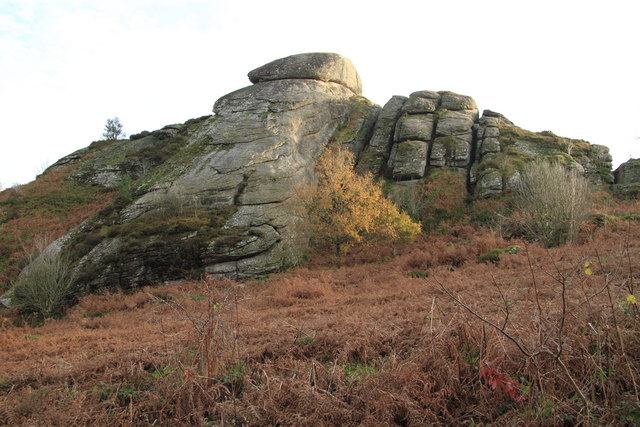 Photo looking up at the granite rocks off Blackingtone Rock on Dartmoor