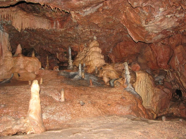 Photo inside Kents Cavern showing stalactites and stalagmites