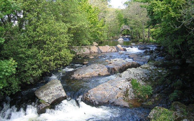 Photo of the River Erme running over rocks with a bridge in the background