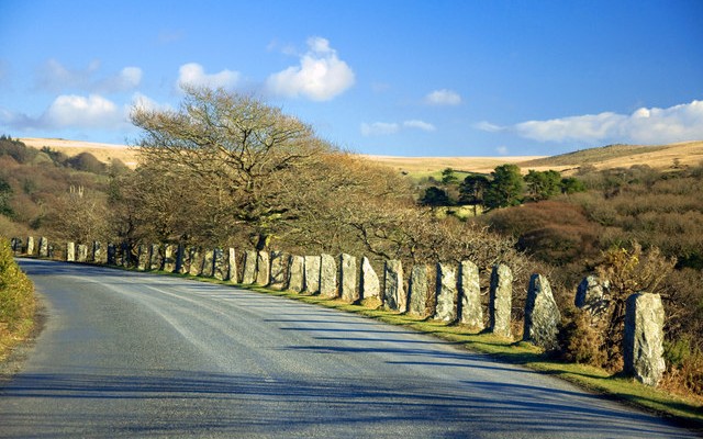 Photo of the road to Burrator on Dartmoor lined with granite marker stone