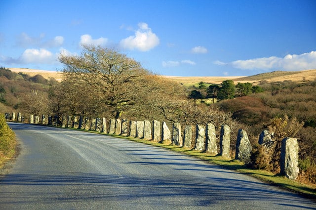 Photo of the road to Burrator on Dartmoor lined with granite marker stone