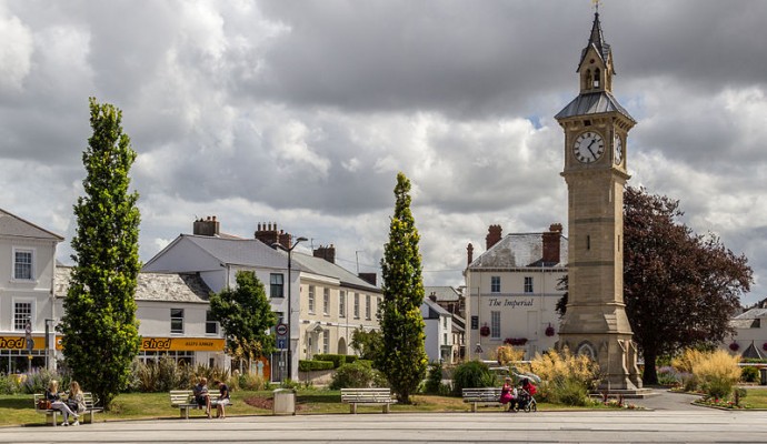 Photo of a clock tower at Barnstaple with the town behind