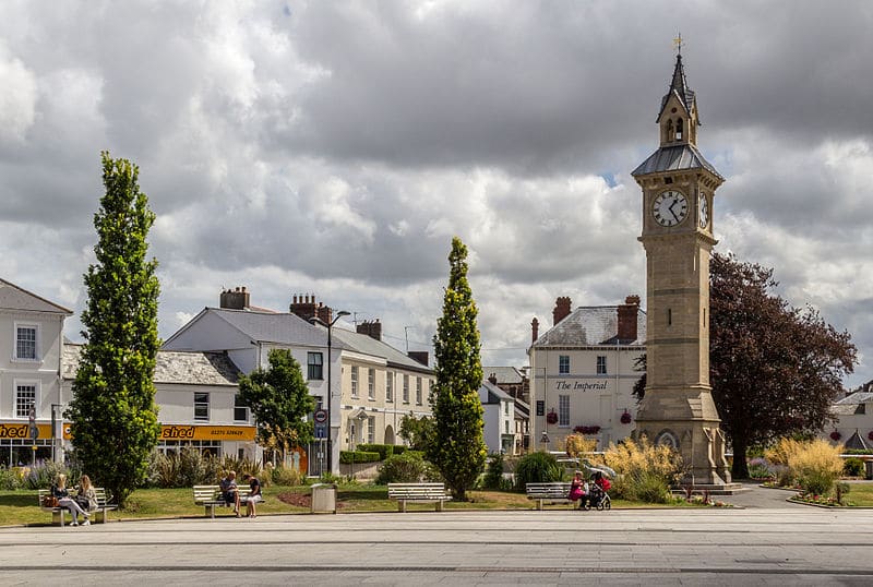 Photo of a clock tower at Barnstaple with the town behind