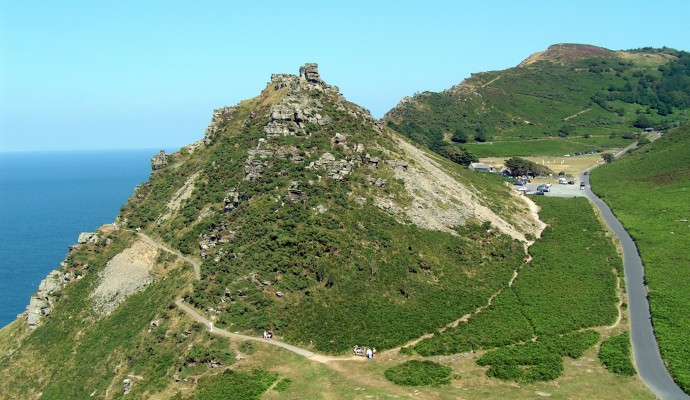 View of the north Devon coastal cliffs and sea at Valley of the Rocks