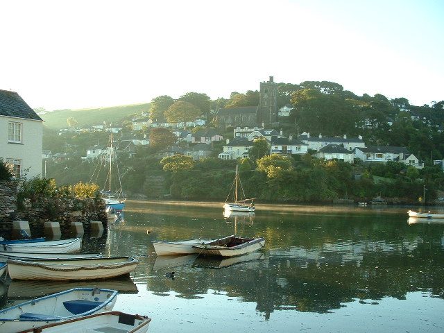 Photo looking across Newton Creek to Noss Mayo with church on the hill at the center