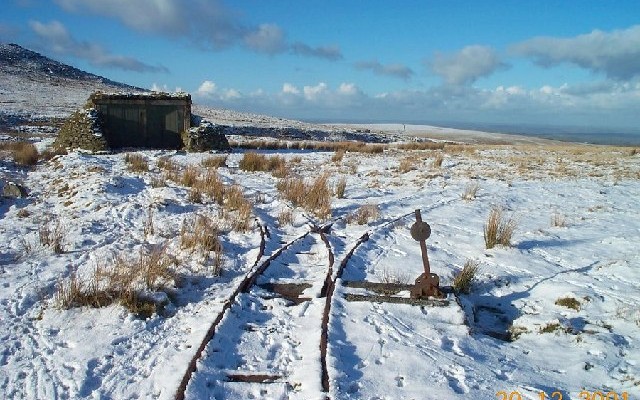 Photo of rail tracks on moorland in the snow near Okehampton Camp