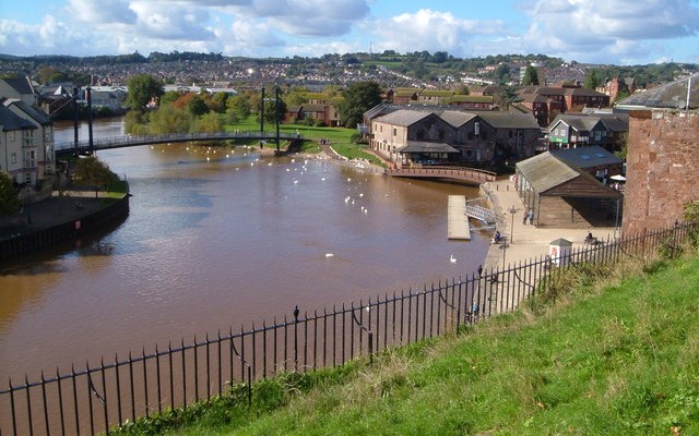 Photo looking down at the river, canal and buildings at Exeter Quay