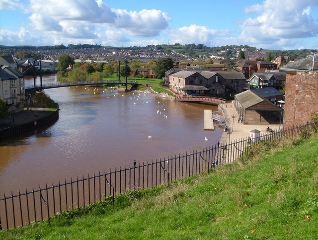 Photo looking down at the river, canal and buildings at Exeter Quay