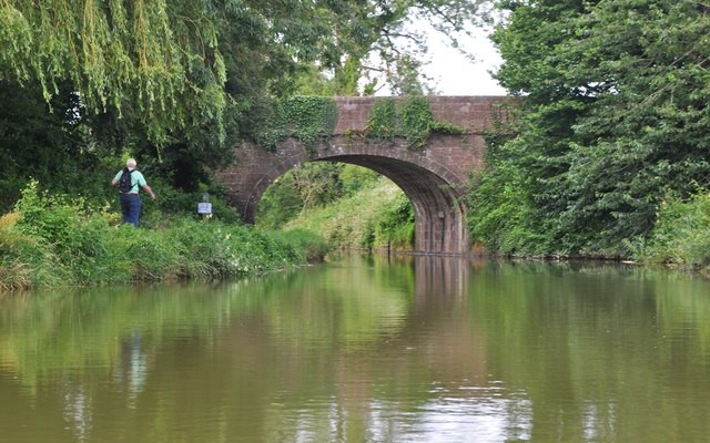 Photo of the Grand Western canal with a walker on the towpath and Tidcombe Bridge over the canal