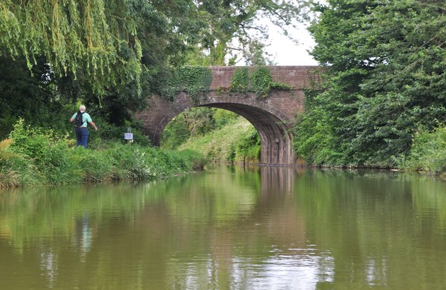 Photo of the Grand Western canal with a walker on the towpath and Tidcombe Bridge over the canal