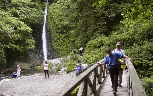 Photo of a bridge and waterfall at White Lady Waterfall in Lydford Gorge