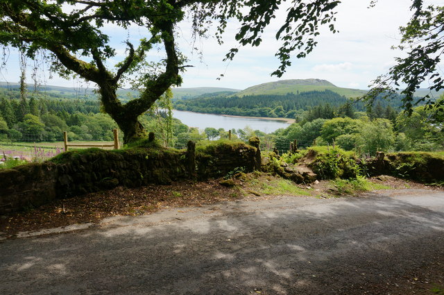 Photo of a view across a country lane to Burrator Reservoir in the distance