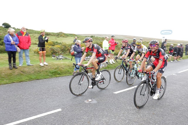 Photo of cyclists on road near Haytor as part of the Tour of Britain race 2016