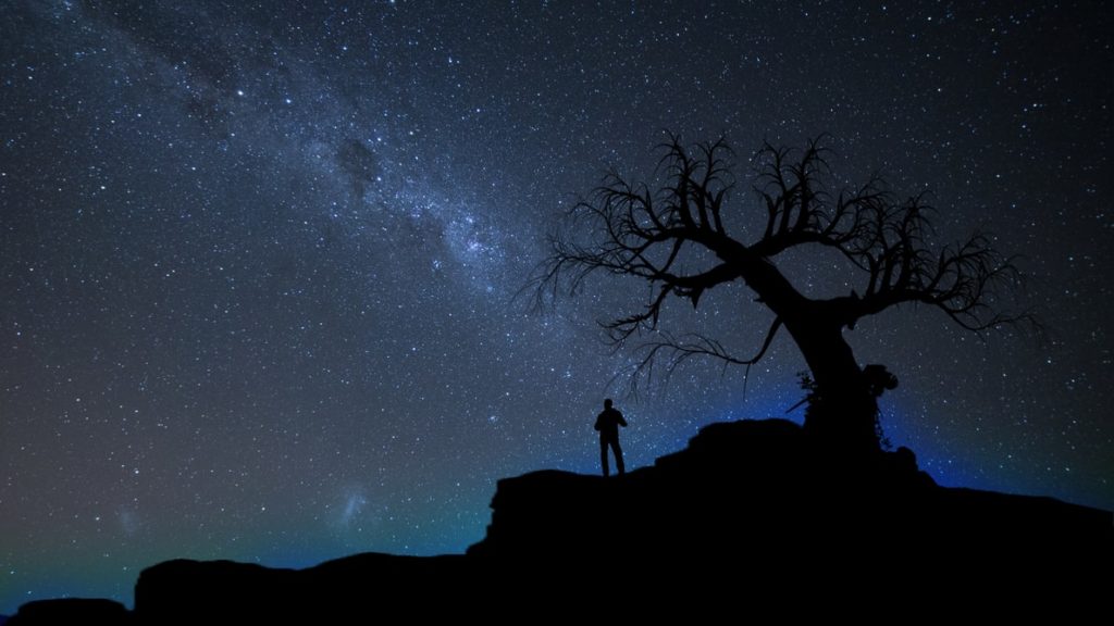 Photo showing a starry sky and the silhouette of a man and tree