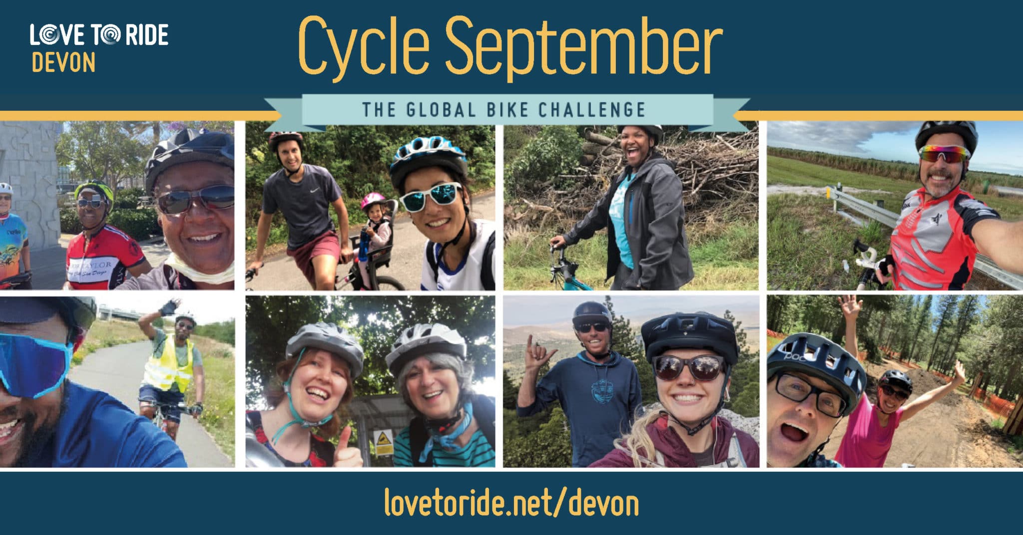 Cycle September logo with photos of cyclists and the text 'Love to Ride Devon, Cycle September The Global Bike Challenge, lovetoride.net/devon'