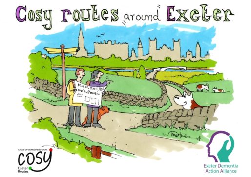 Logo with a cartoon image of walkers and Exeter with the text Cosy routes around Exeter