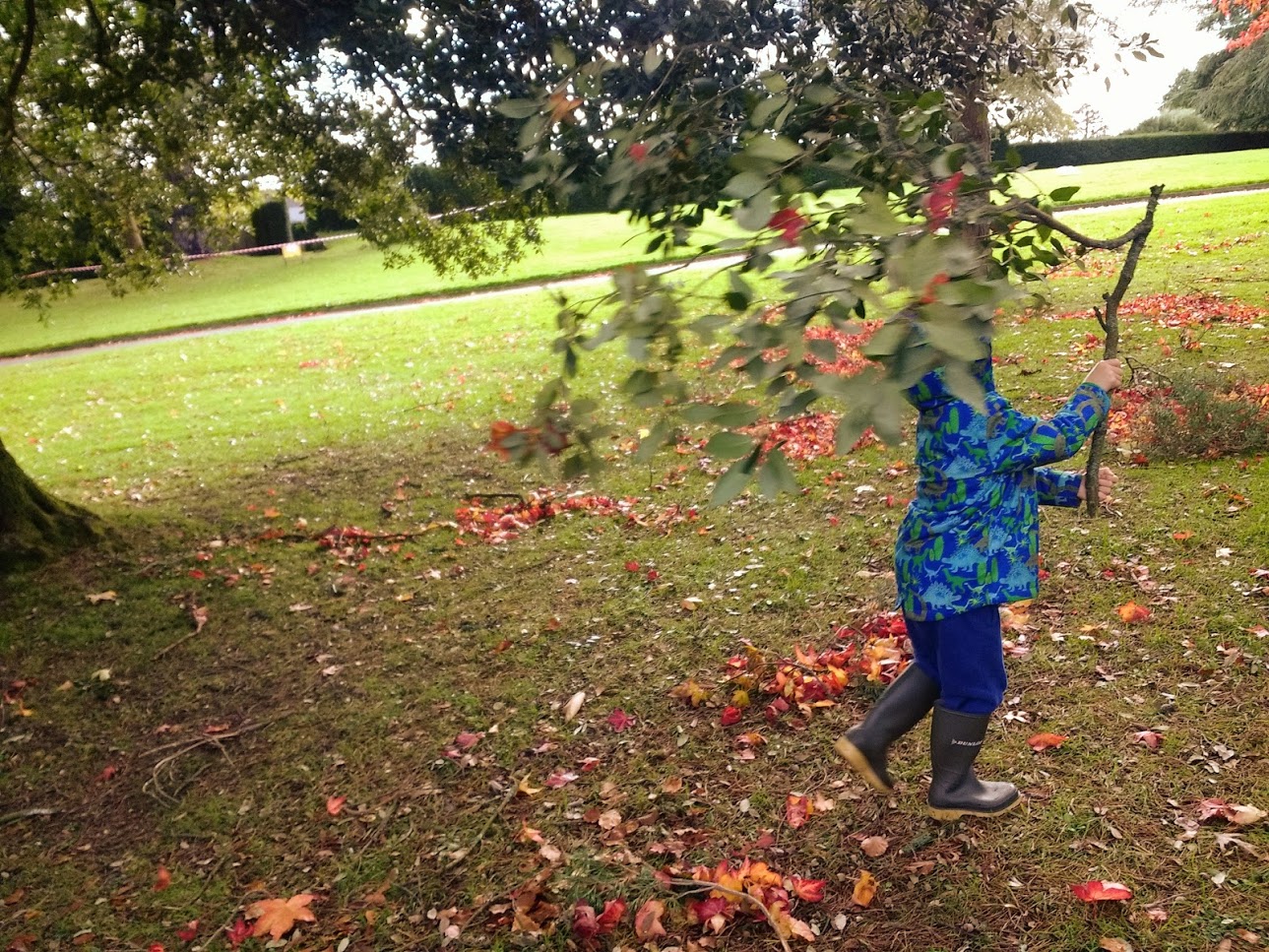 Photo of a child running carrying a branch