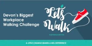 Let's Walk programme logo with an image of a shoe and the text 'Devon's biggest workplace walking challenge Lets Walk, #Letswalkdevon, a little change makes a big difference