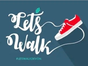 Let's Walk programme logo with an image of a shoe and the text 'Lets Walk, #Letswalkdevon'